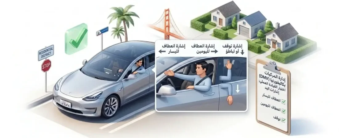 طريقة استخدام إشارات اليد (Arm Signals) أثناء امتحان القيادة في كاليفورنيا 2026