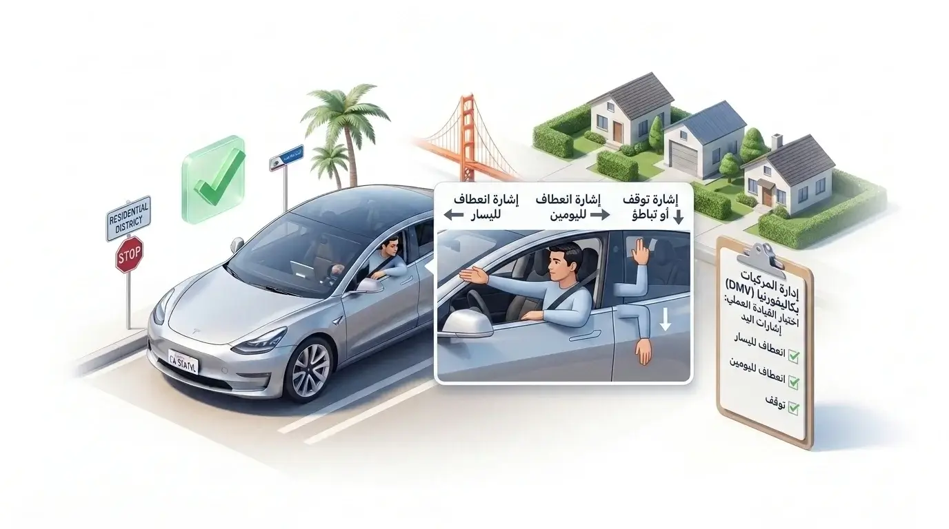 طريقة استخدام إشارات اليد (Arm Signals) أثناء امتحان القيادة في كاليفورنيا 2026