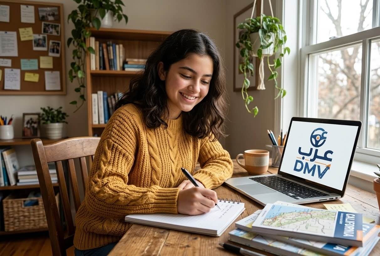 فتاة تدرس أسئلة وأجوبة امتحان DMV كاليفورنيا بالعربي pdf