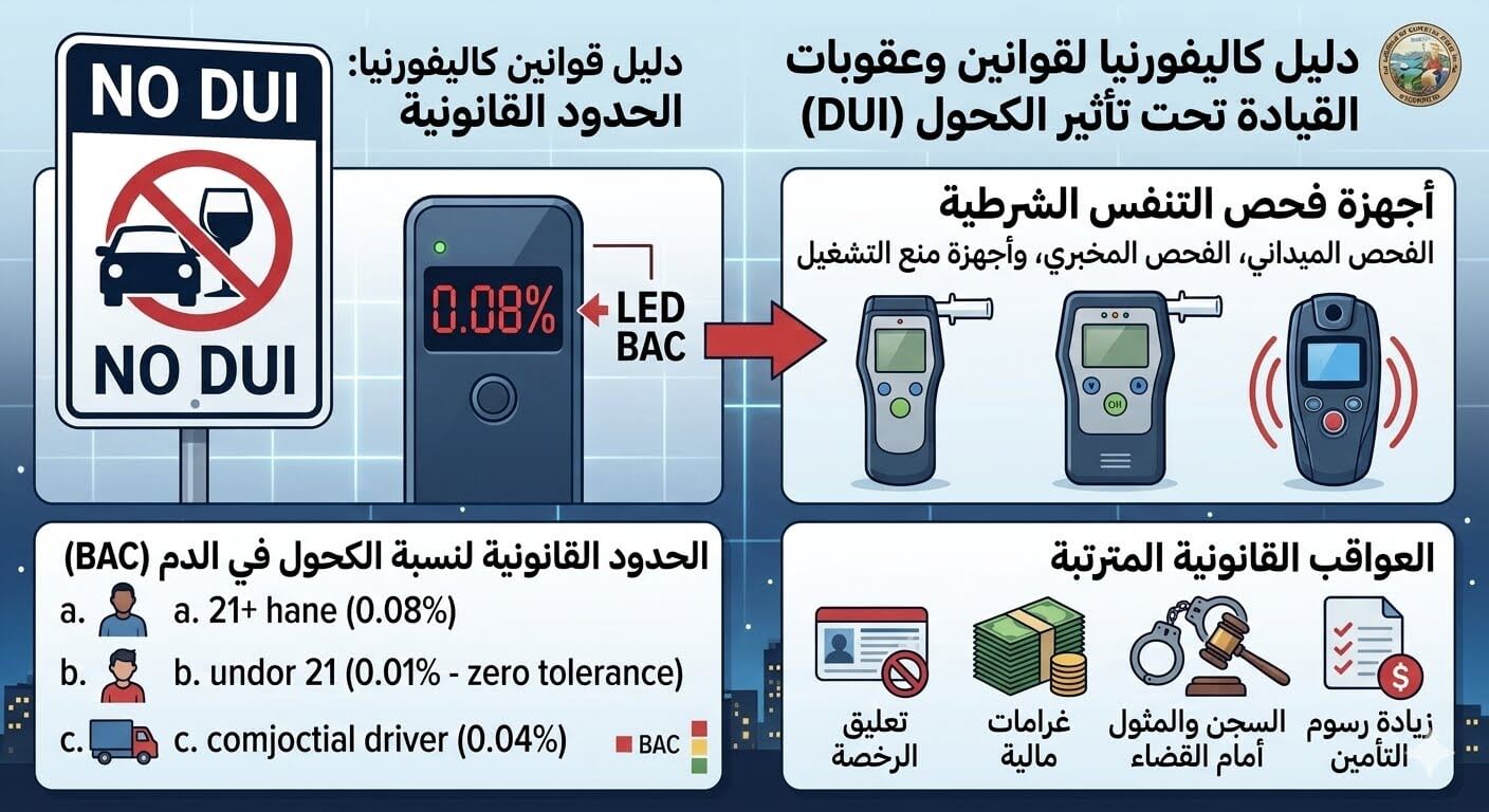 قوانين وعقوبات القيادة تحت تأثير الكحول والمخدرات DUI في DMV كاليفورنيا