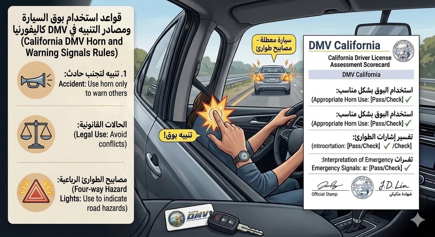 قواعد استخدام بوق السيارة ومصادر التنبيه في DMV كاليفورنيا