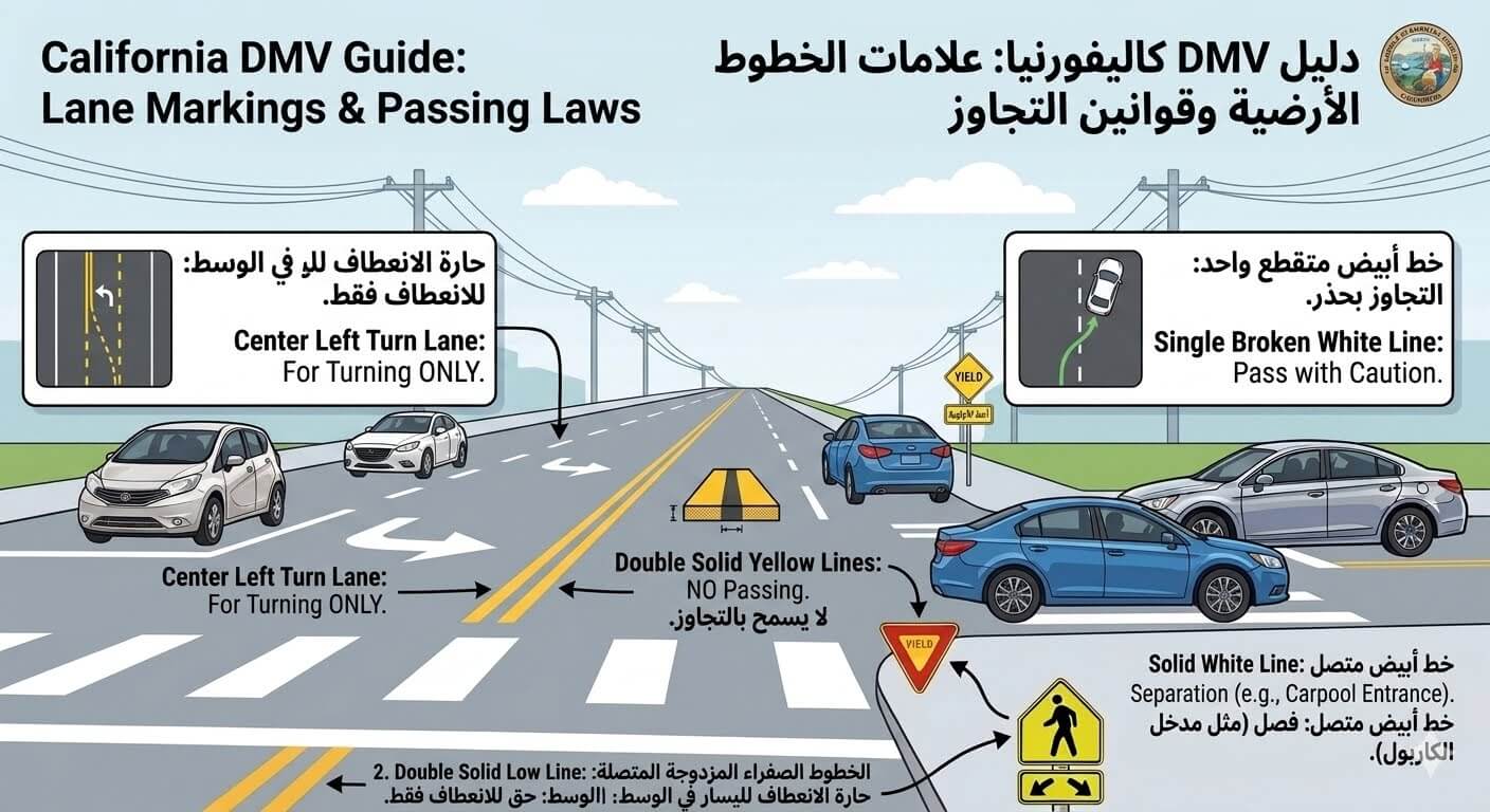 علامات الخطوط الأرضية وقوانين التجاوز في DMV كاليفورنيا
