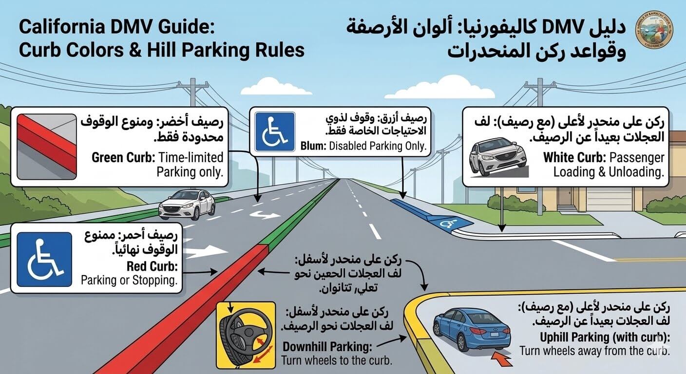 قواعد ألوان أرصفة الشوارع وركن السيارات على التلال في DMV كاليفورنيا