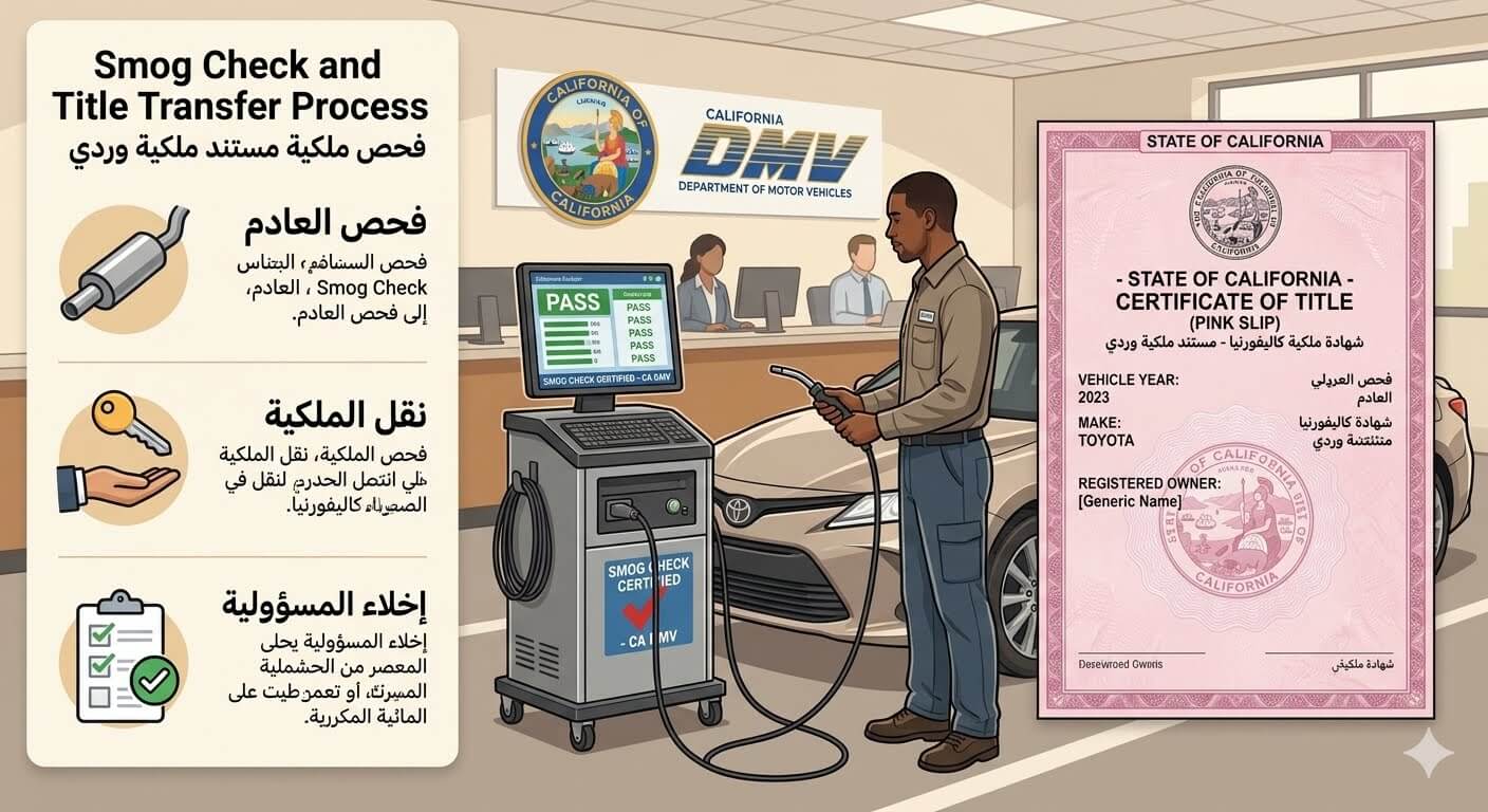 فحص انبعاثات الدخان Smog Check ونقل الملكية الوردي في DMV كاليفورنيا