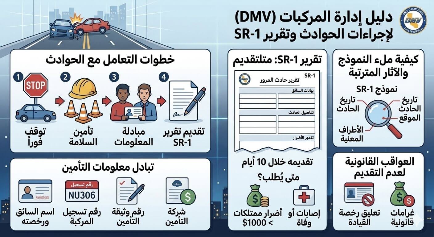 إجراءات حوادث السير وكيفية ملء تقرير SR-1 في DMV كاليفورنيا