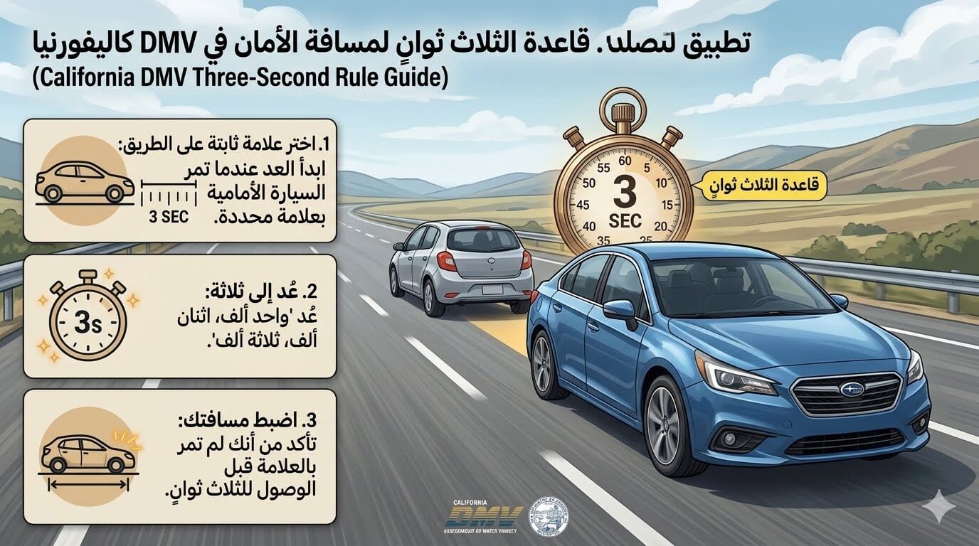 تطبيق قاعدة الثلاث ثوانٍ لمسافة الأمان في DMV كاليفورنيا