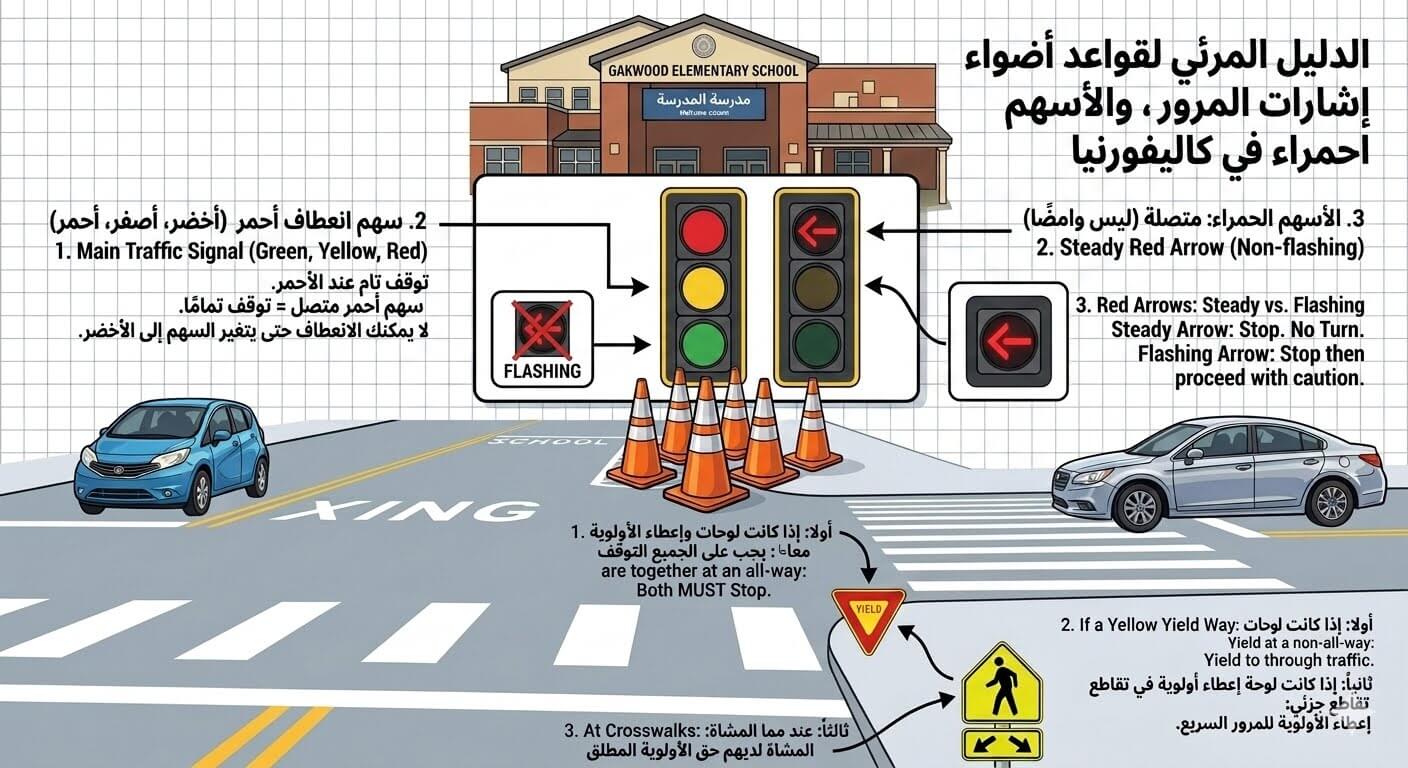 قواعد أضواء إشارات المرور والأسهم الحمراء والوامضة في DMV كاليفورنيا