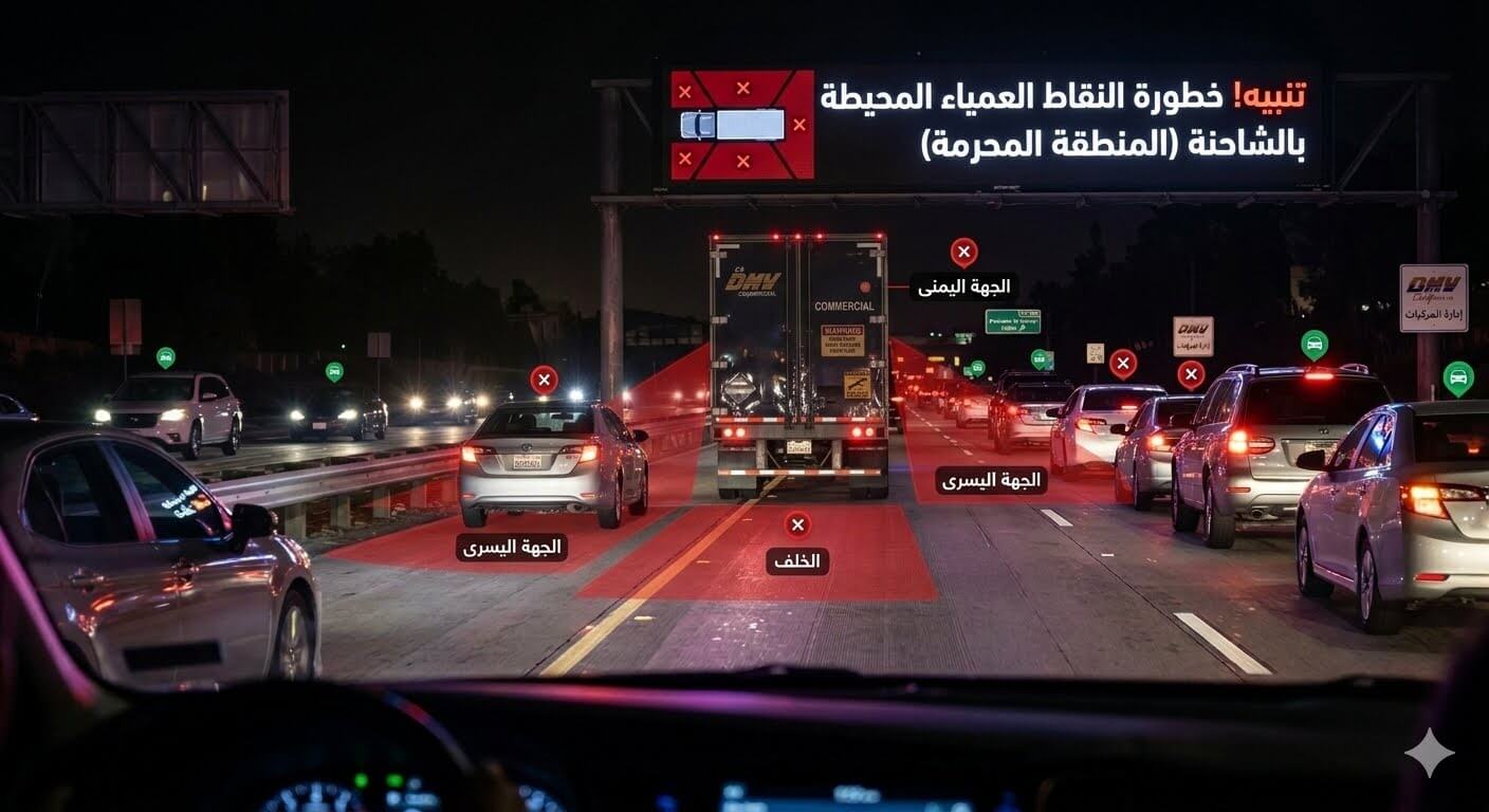 خطورة النقاط العمياء ومشاركة الطريق مع الشاحنات الكبيرة في DMV كاليفورنيا