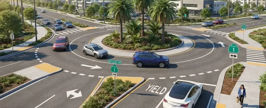 قواعد القيادة في الدوارات والميادين Roundabouts بكاليفورنيا 2026