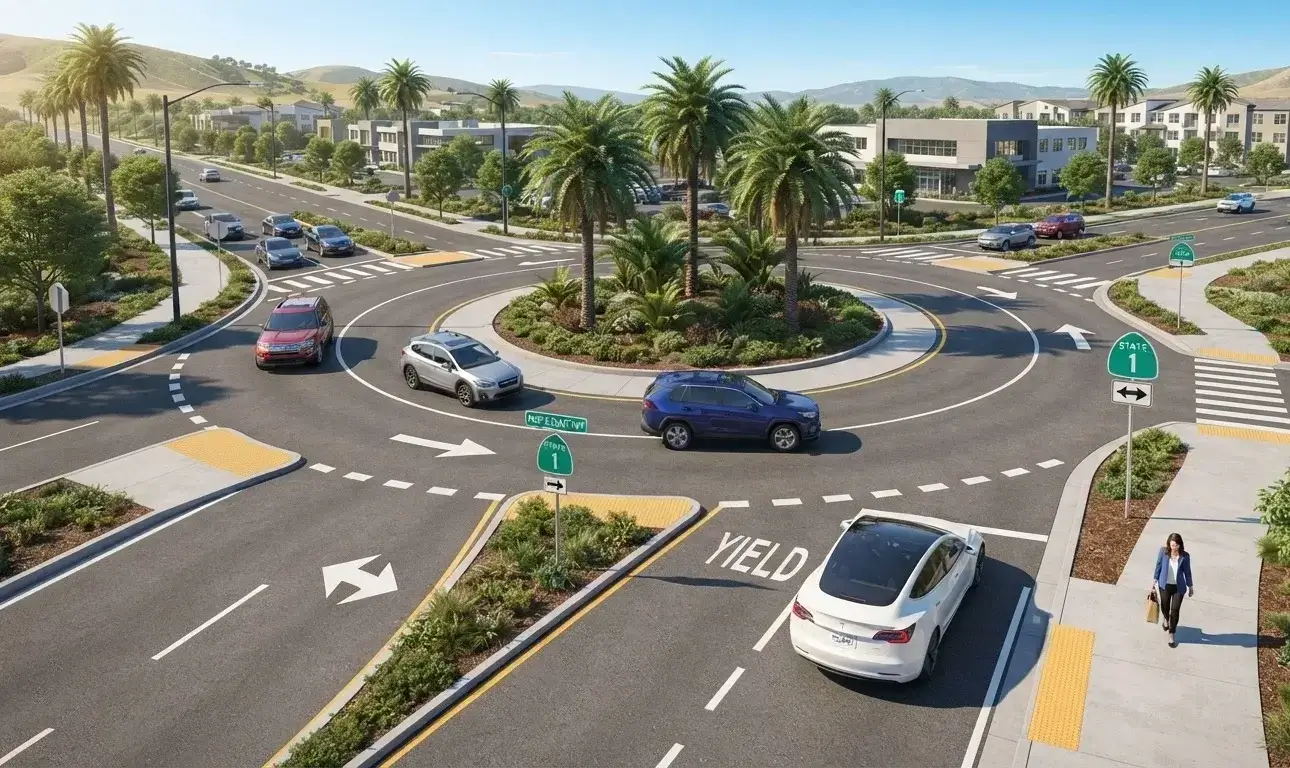قواعد القيادة في الدوارات والميادين Roundabouts بكاليفورنيا 2026