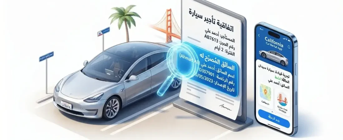 شروط استخدام سيارة مستأجرة في امتحان DMV بكاليفورنيا 2026