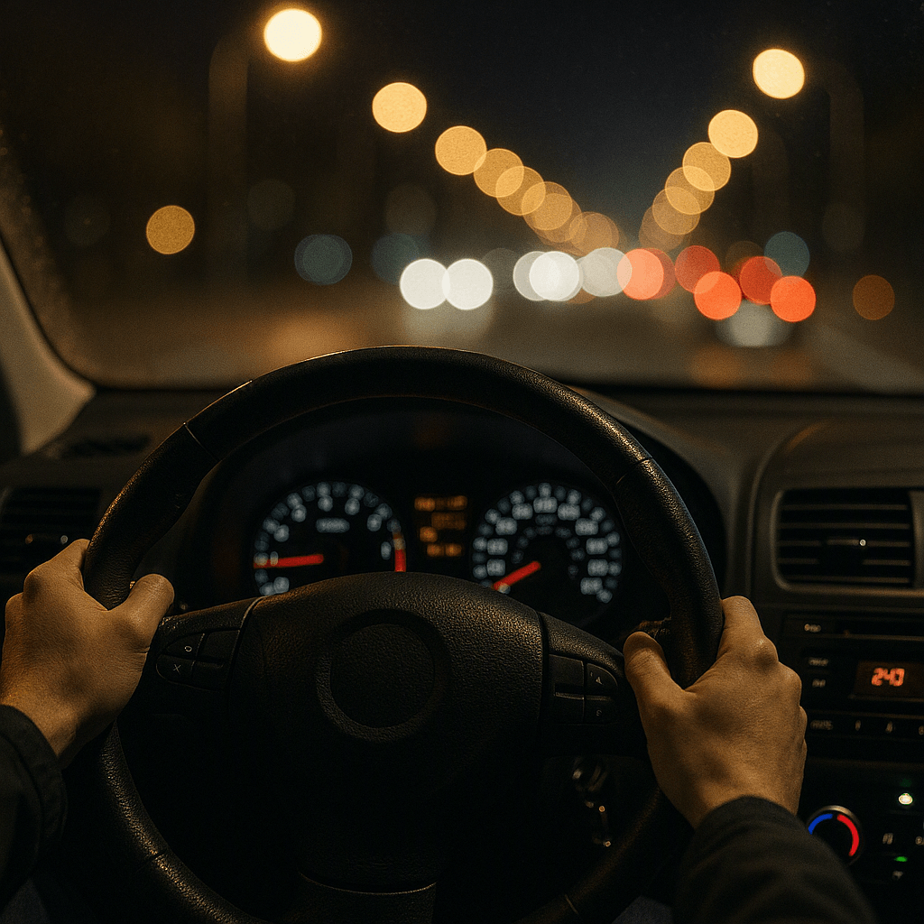 قيادة السيارة ليلاً من منظور السائق مع إضاءة لوحة العدادات