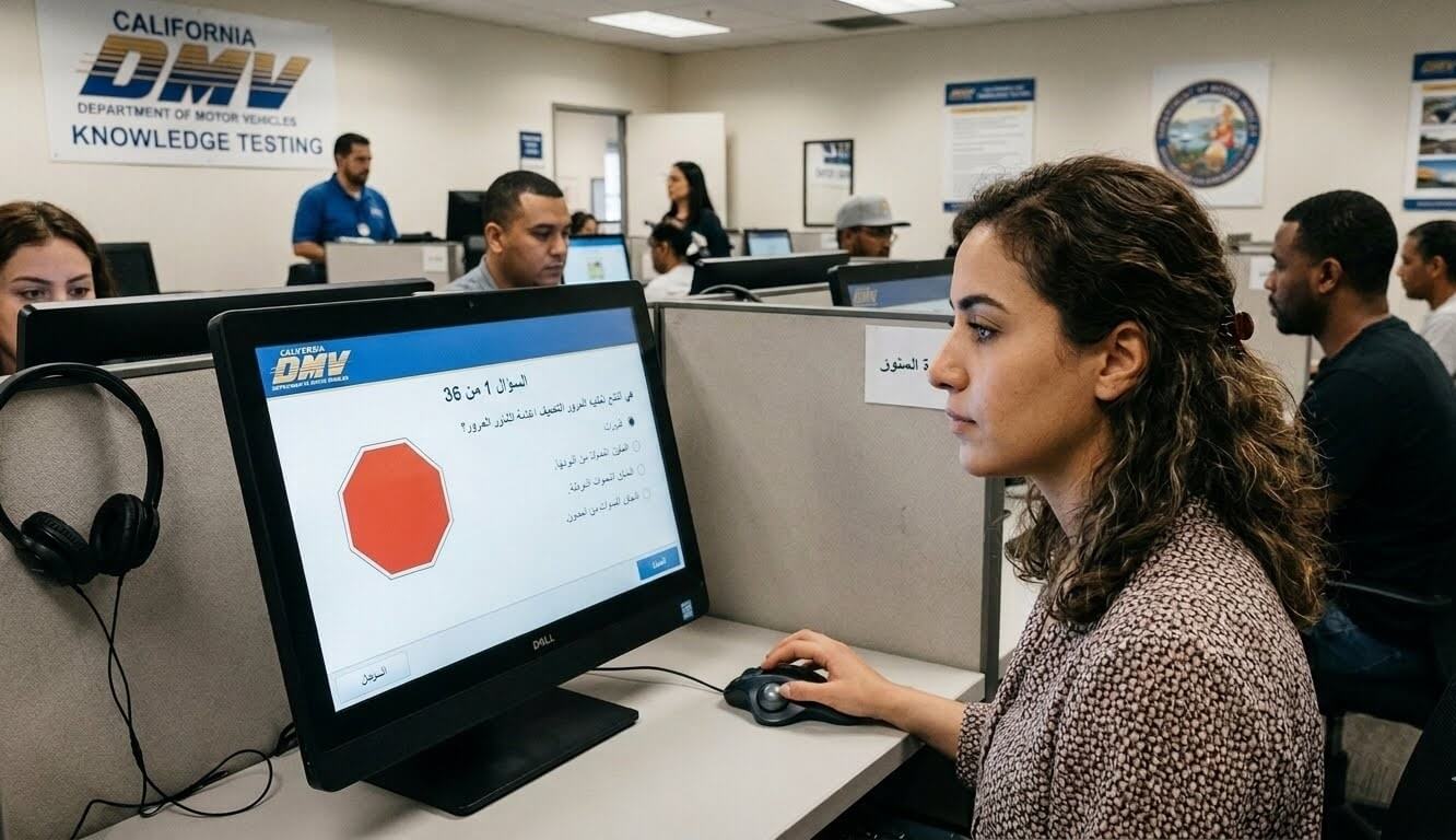 امرأة عربية تجلس أمام شاشة الكمبيوتر تؤدي امتحان DMV كاليفورنيا للبالغين باللغة العربية داخل قاعة الاختبارات.