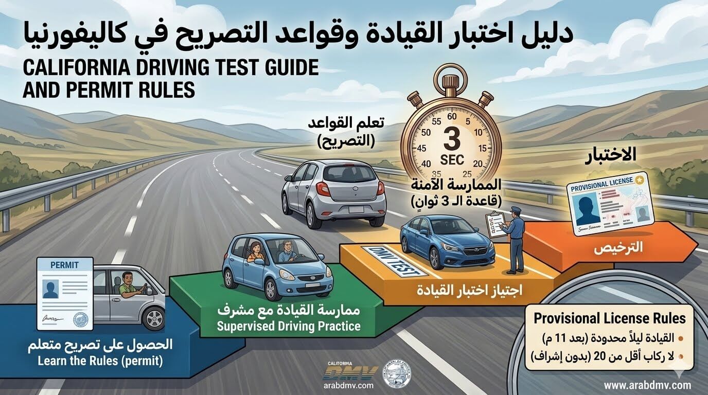 إنفوجرافيك تعليمي يستعرض خطوات اختبار السواقة في كاليفورنيا؛ يشمل فحص النظر، الاختبار النظري، وقواعد رخصة المتعلم المؤقتة مع السائق المرافق بالمقعد الأمامي.
