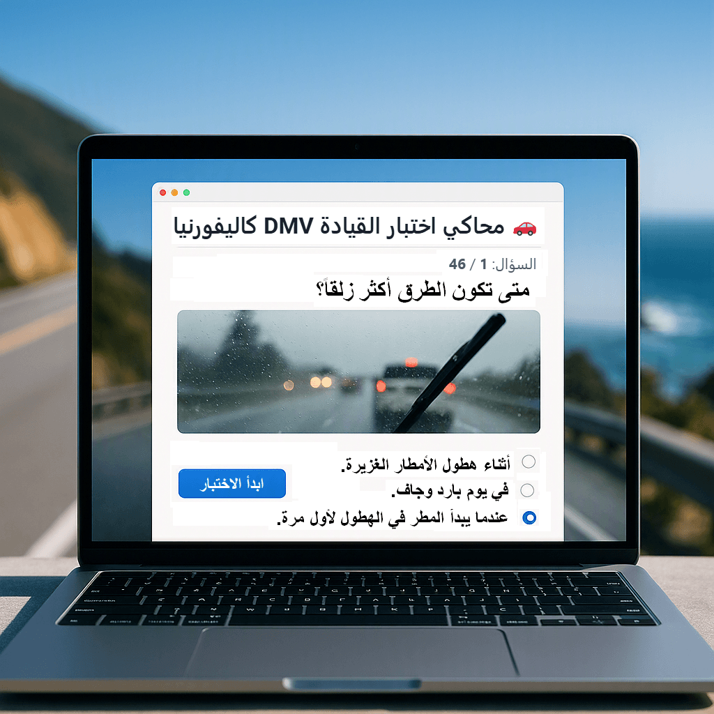 شاشة كمبيوتر محمول تعرض السؤال الأول من محاكي اختبار القيادة DMV كاليفورنيا باللغة العربية مع خيارات الإجابة وزر ابدأ الاختبار.