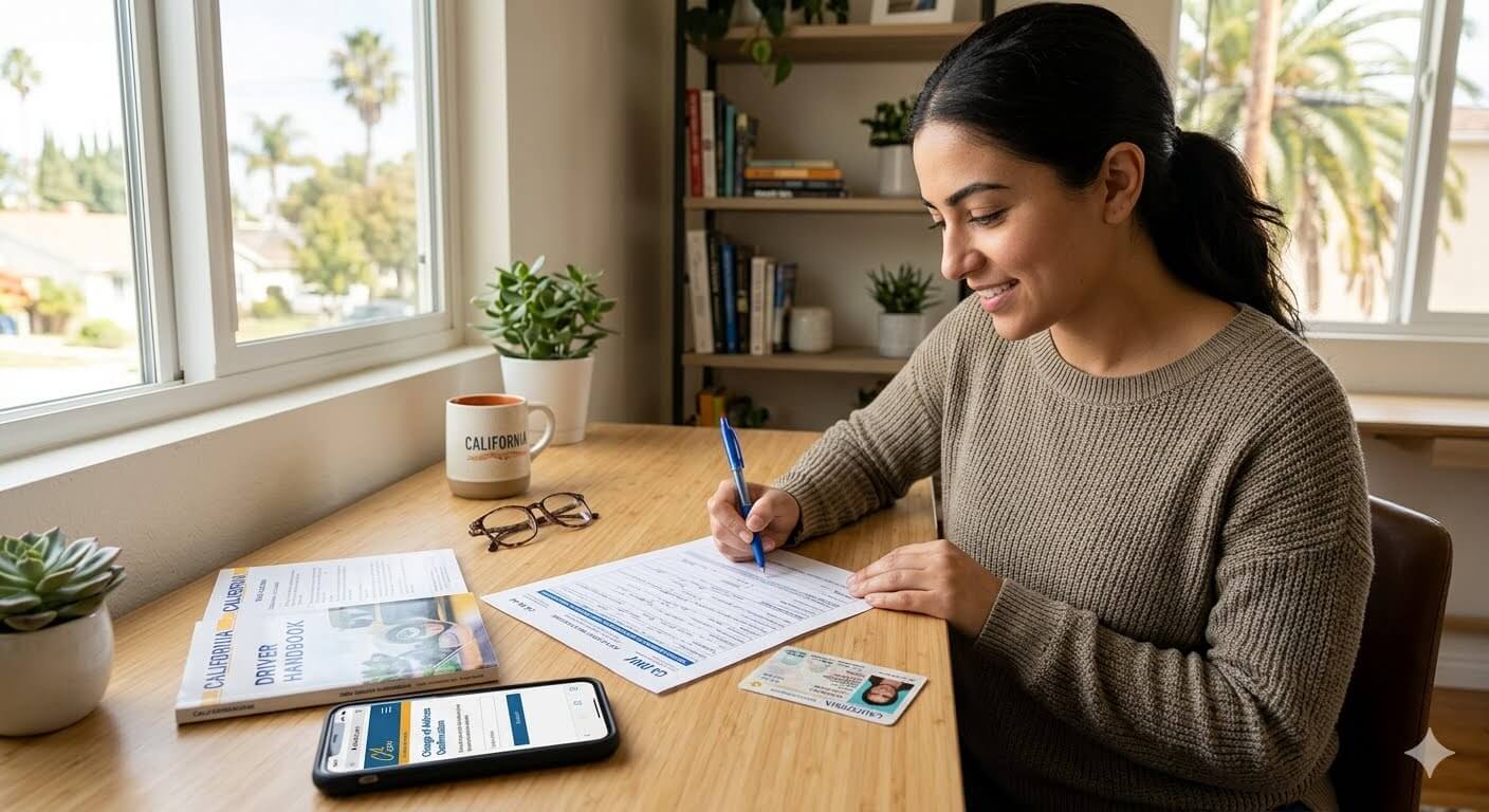 امرأة شابة تبتسم أثناء تعبئة استمارة رسمية لتغيير العنوان وتحديث البيانات لـ DMV كاليفورنيا على مكتب خشبي، وإلى جانبها هاتف ذكي يعرض تطبيقاً تفاعلياً، ودليل السائق، وبطاقة رخصة القيادة، ونظارة طبية، في غرفة مضيئة بجوار نافذة تطل على أشجار النخيل.