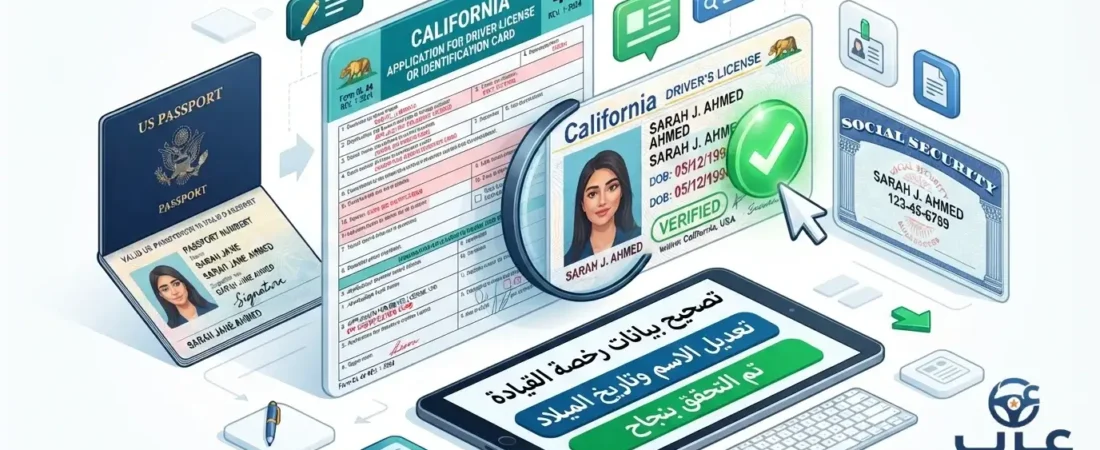 طريقة تصحيح الأخطاء اللغوية في رخصة قيادة كاليفورنيا 2026: الاسم وتاريخ الميلاد
