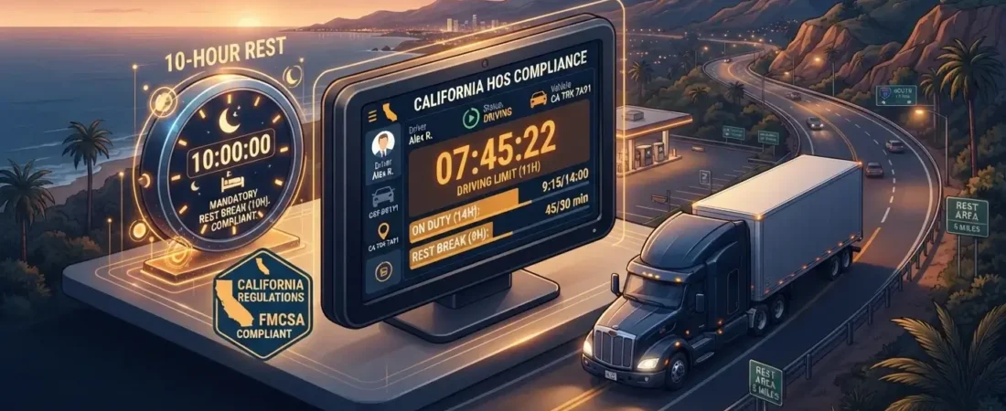 قوانين ساعات العمل والراحة لسائقي النقل الثقيل (Hours of Service) في كاليفورنيا 2026