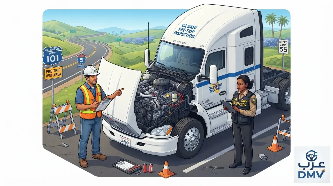 تفاصيل اختبار فحص الشاحنات العملي (Pre-Trip Inspection) في كاليفورنيا 2026